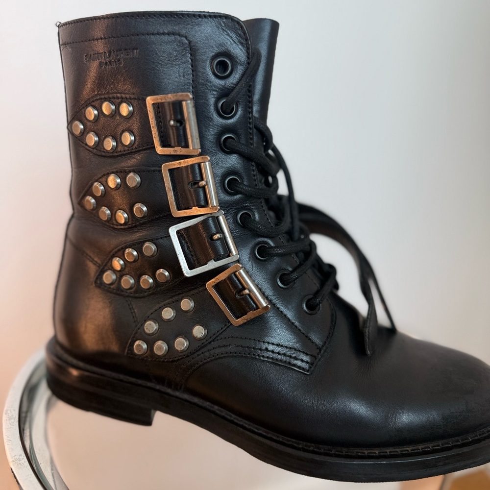 Saint Laurent Smooth Calfskin Studded Strap Rangers Boots | Size 37.5 - Picture 9 of 10